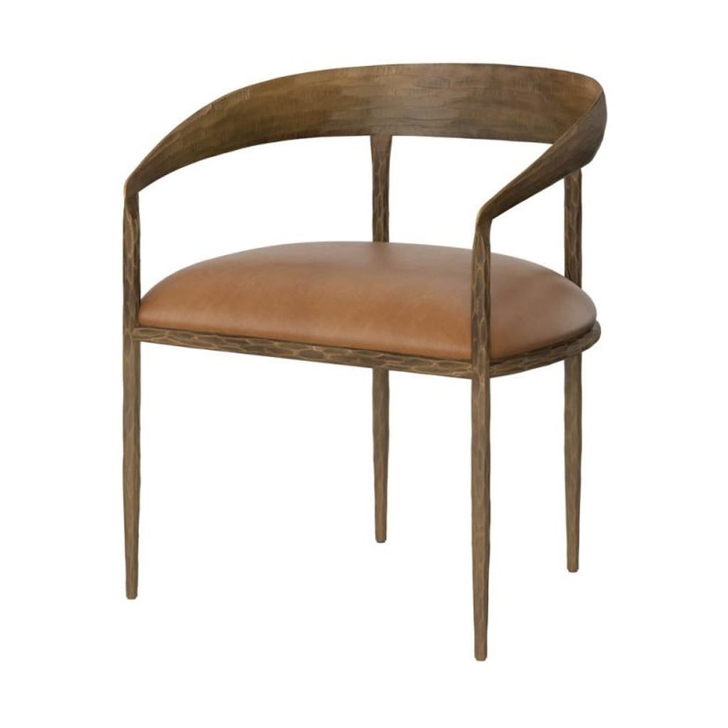 Preview image for Forged Metal Curved Back Antique Brass & Tan Leather Armchair Dining Chair