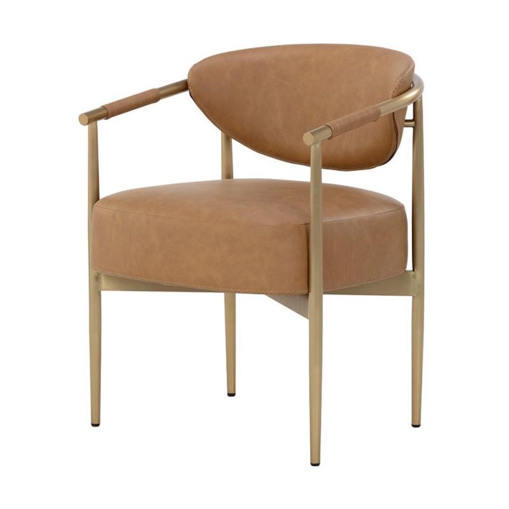 Preview image for Cognac Brown Faux Leather Dining Chair Gold Metal Armchair