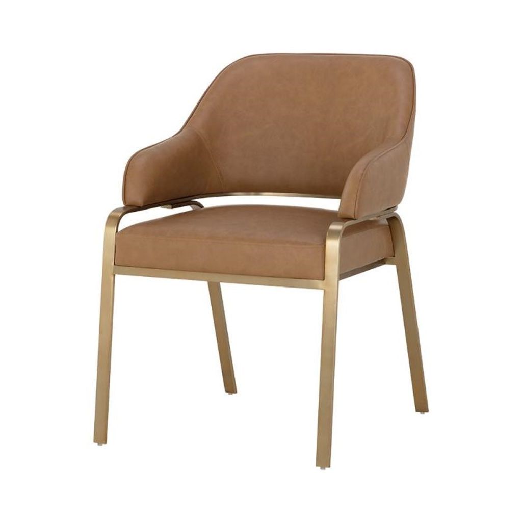 Preview image for Cognac Brown Faux Leather Curved Back Dining Chair Gold Metal Armchair