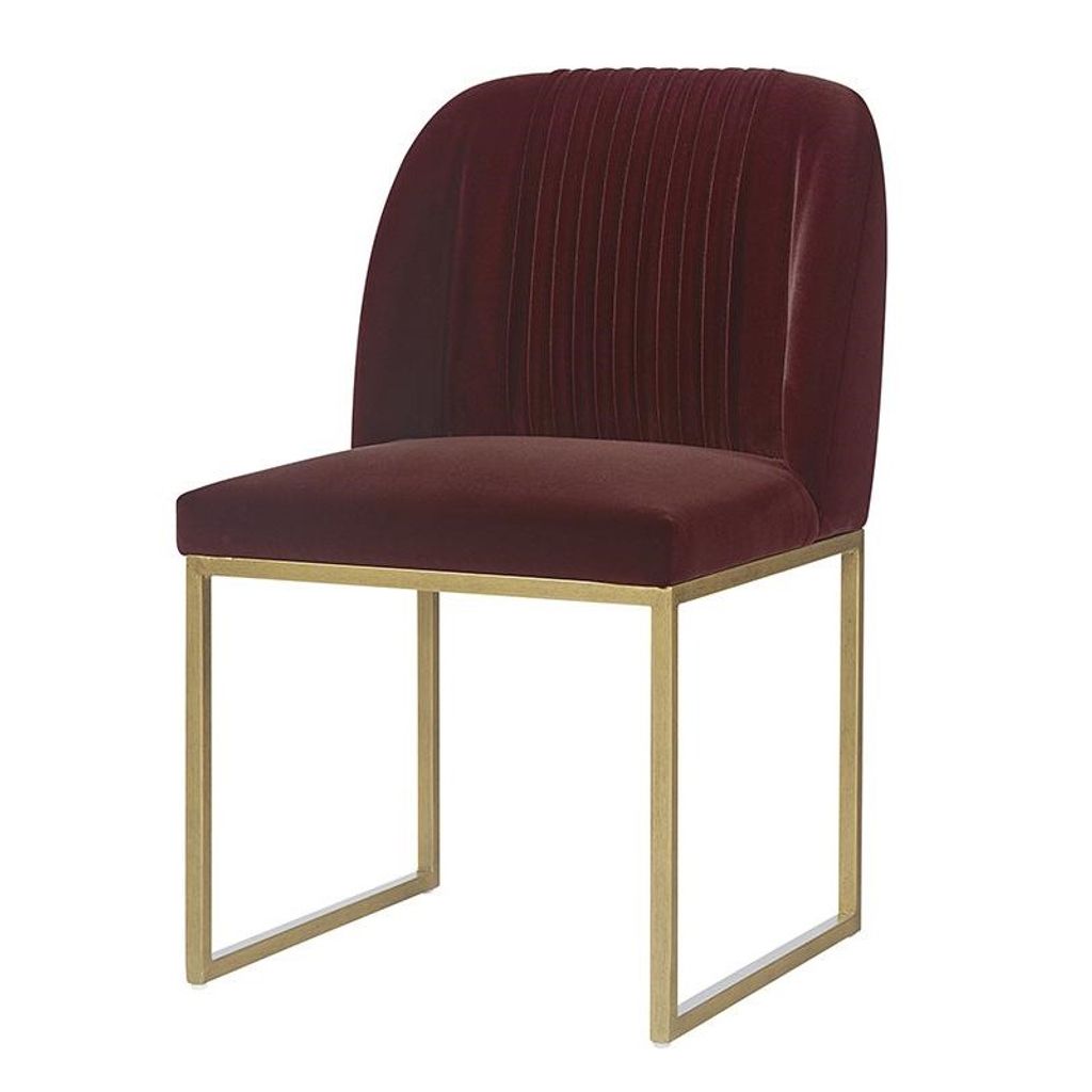 Preview image for Wine Red Velvet Pleated Back Dining Chair Antique Brass Sled Base (Set of 2)