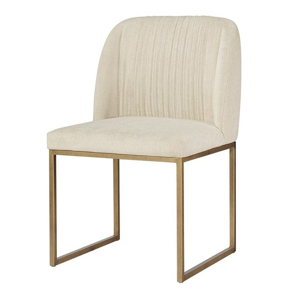 Preview image for Neutral Beige Velvet Pleated Back Dining Chair Antique Brass Sled Base (Set of 2)