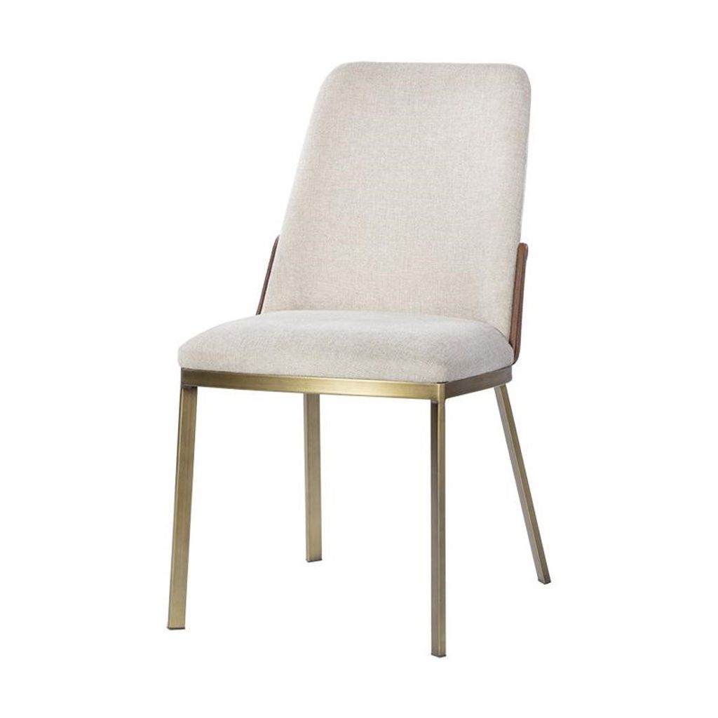 Preview image for Oatmeal Neutral Fabric & Cognac Brown Faux Leather Dining Chair Brushed Gold Legs (Set of 2)