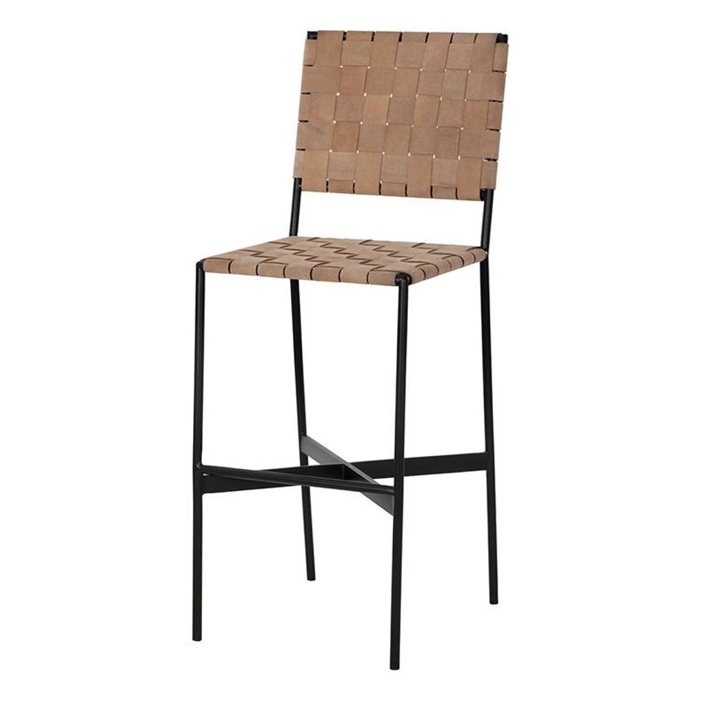 Preview image for Woven Suede Tan Leather Strap & Black Metal Frame Bar Stool