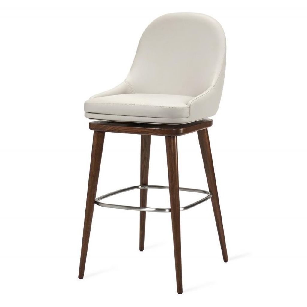 Preview image for Modern Classic Light Grey Faux Leather Spoon Back Swivel Bar Stool Solid Wood Frame