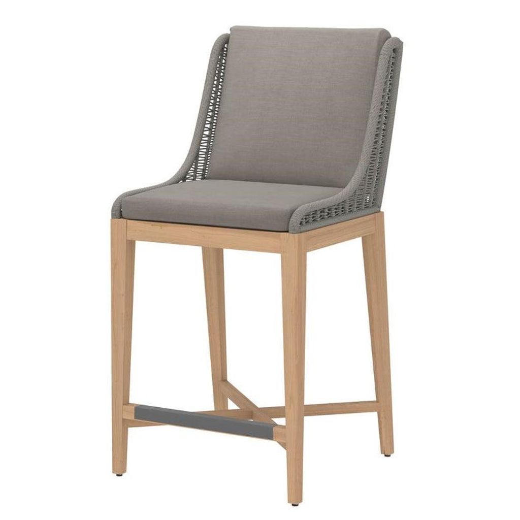 Preview image for Coastal Beach Taupe Woven Back & Teak Wood Indoor Outdoor Bar Stool