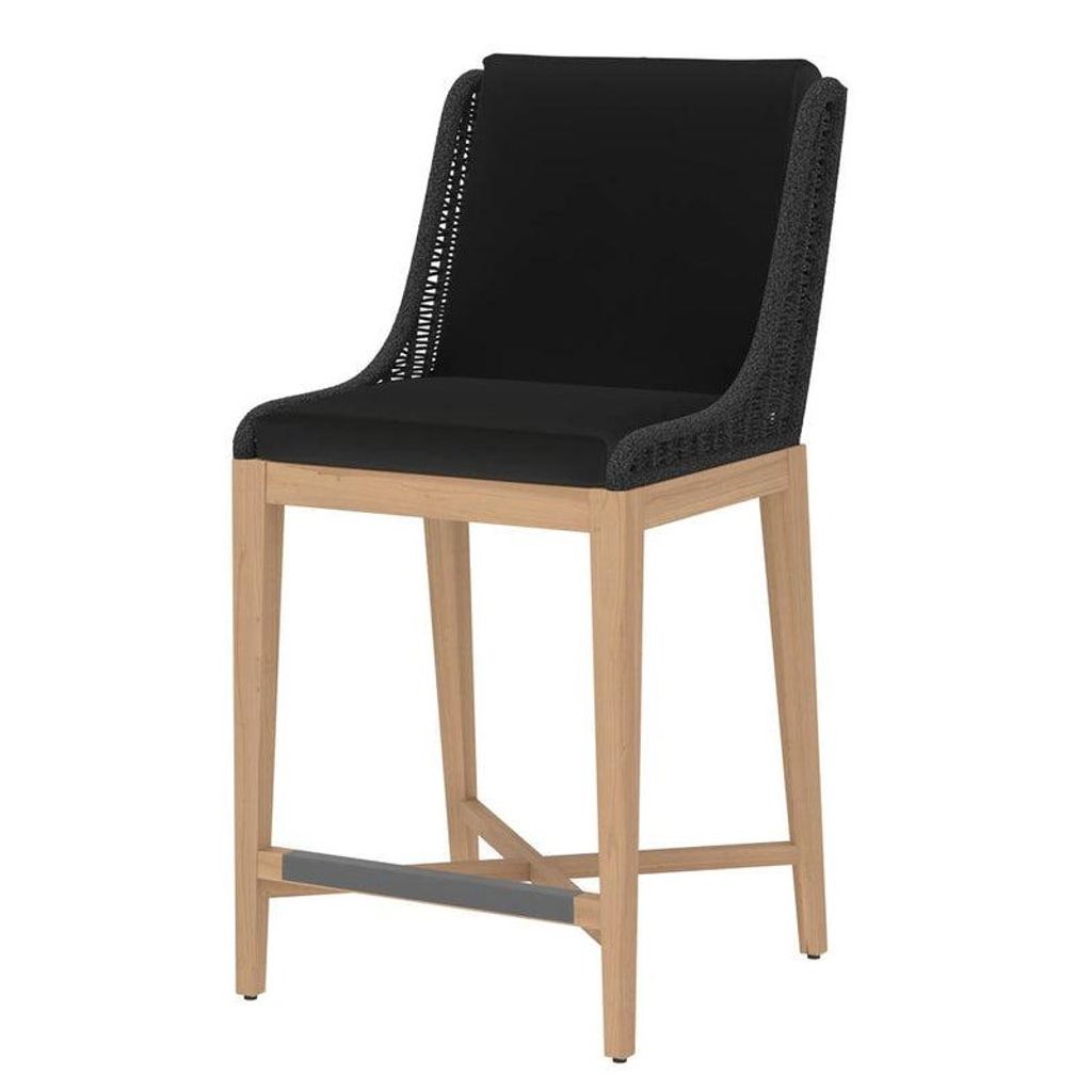 Preview image for Coastal Beach Black Woven Back & Teak Wood Indoor Outdoor Bar Stool