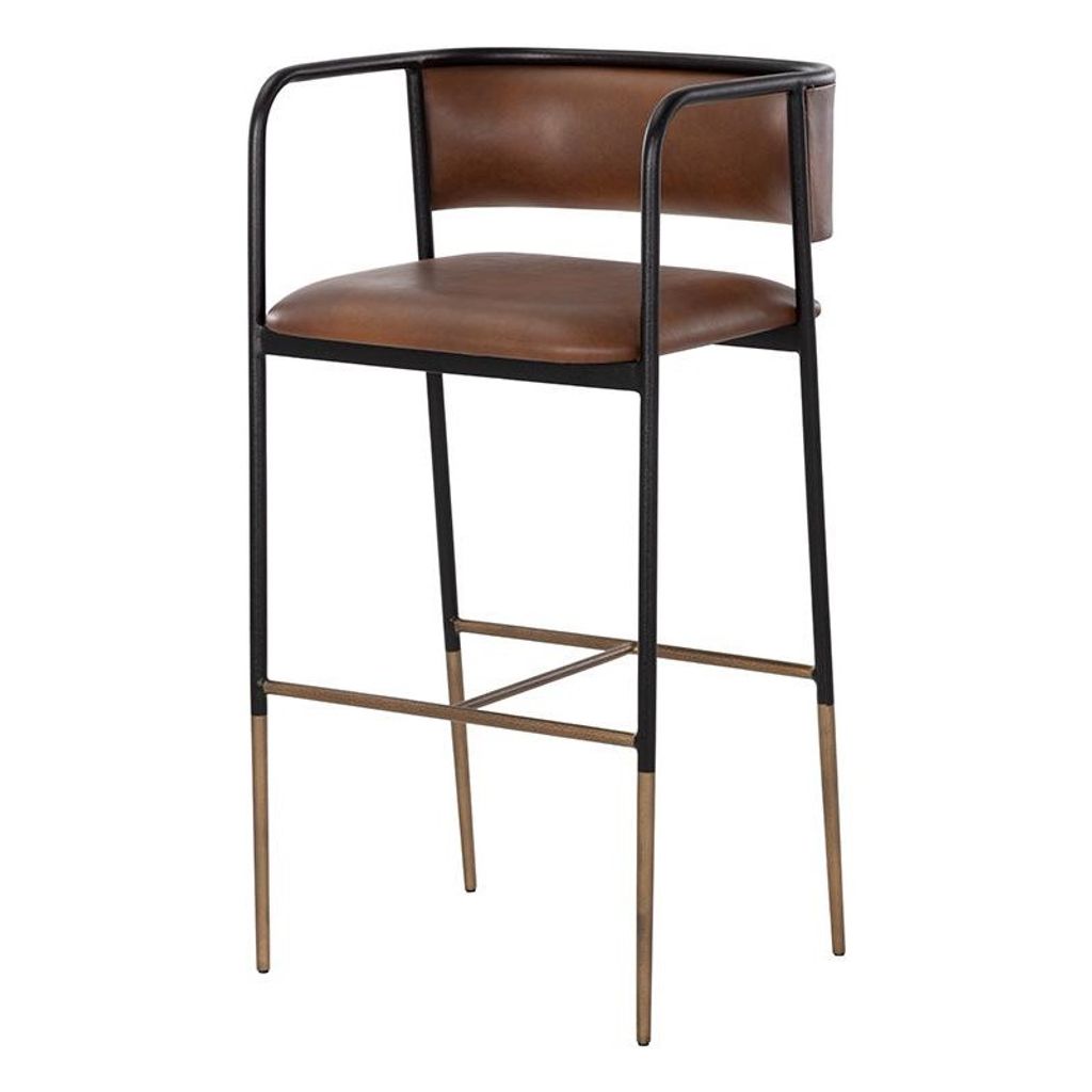 Preview image for Industrial Loft Cognac Brown Faux Leather Curved Back Bar Stool Black Metal Frame