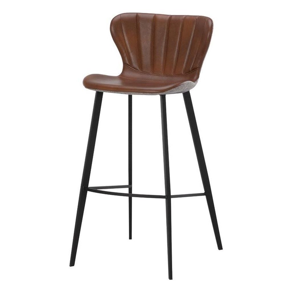 Preview image for Channel Tufted Cognac Brown Faux Leather & Grey Fabric Bar Stool Black Metal Legs