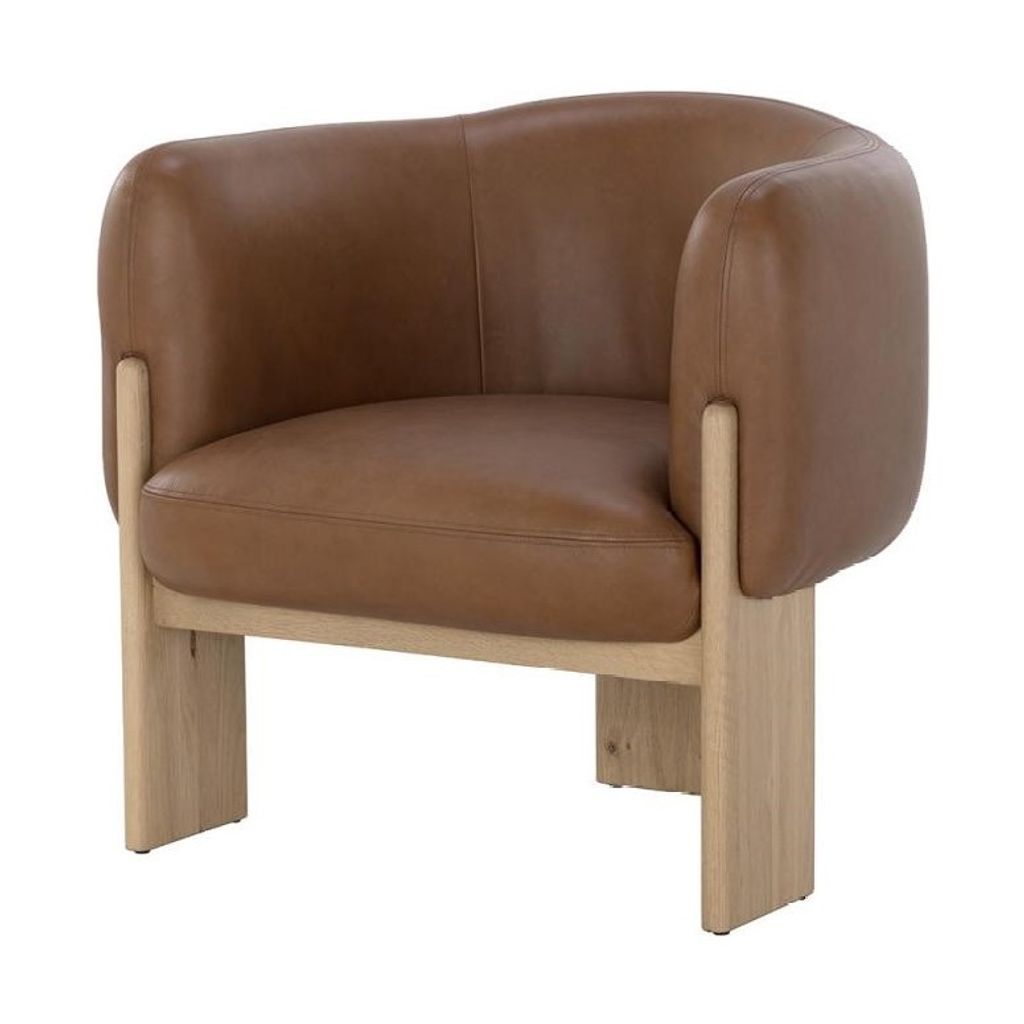 Preview image for Curved Barrel Back Camel Brown Leather & Solid Oak Wood Lounge Chair Tripod Armchair