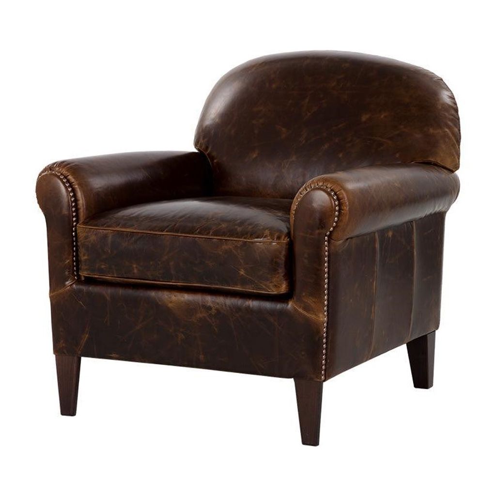 Preview image for Italian Brown Leather Roll Arm Lounge Club Chair with Brass Nailheads