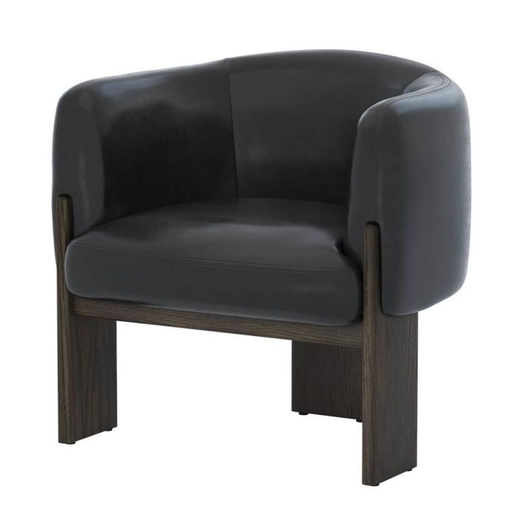 Preview image for Curved Barrel Back Black Leather & Solid Oak Wood Lounge Chair Tripod Armchair