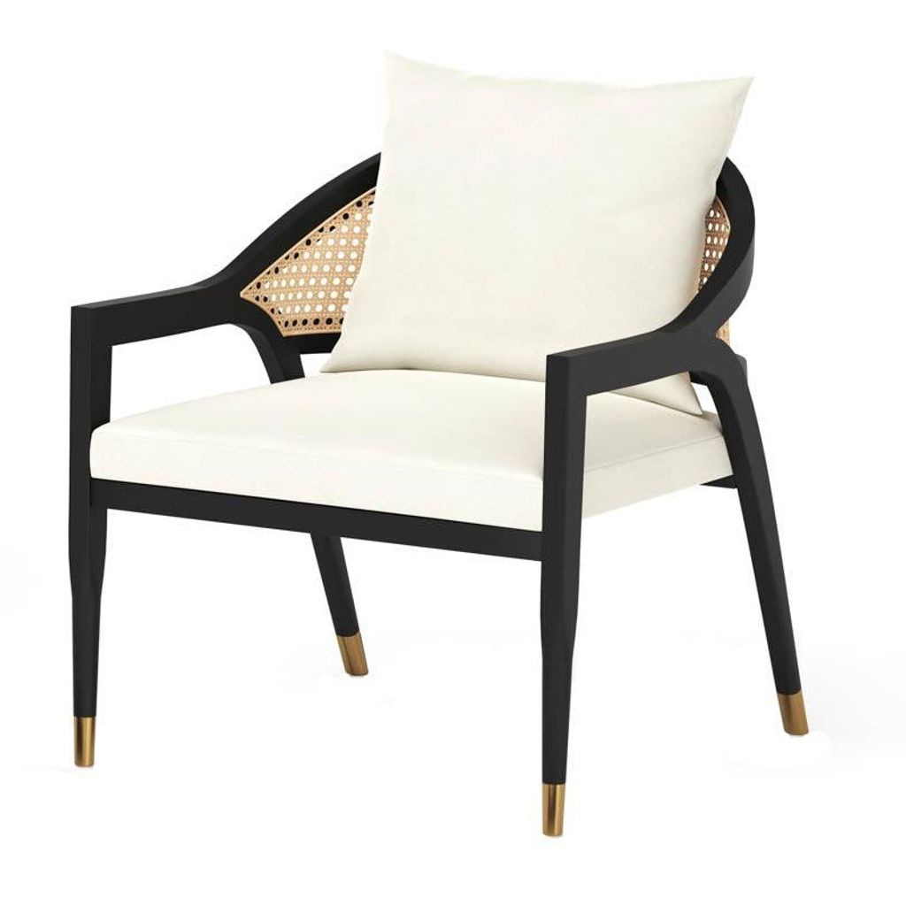 Preview image for Curved Cane Back Ivory Fabric Lounge Chair Black Solid Birch Wood Frame Armchair
