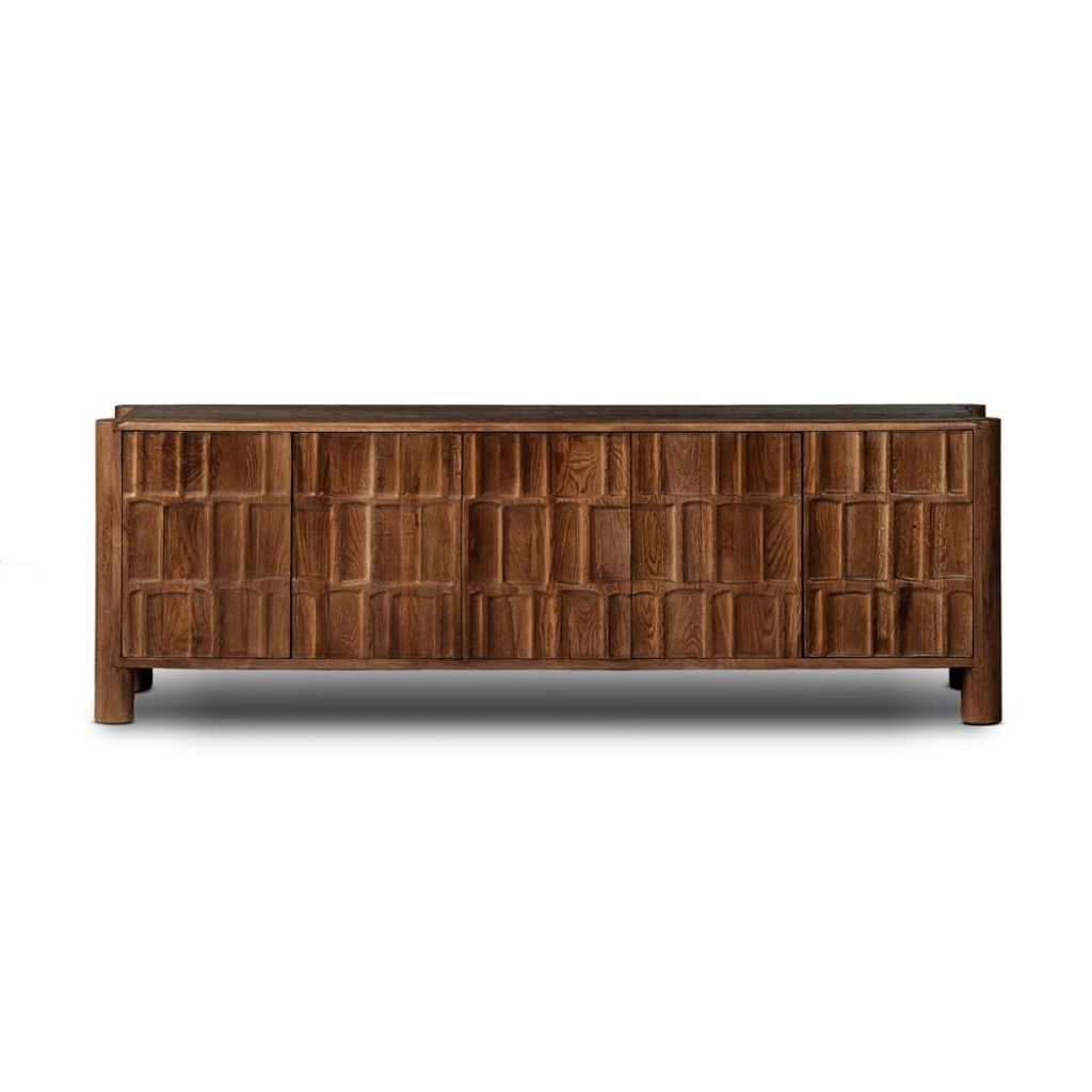 Preview image for Primitive Carved Brown Solid Oak Wood Media Console Storage Cabinet 82 inch