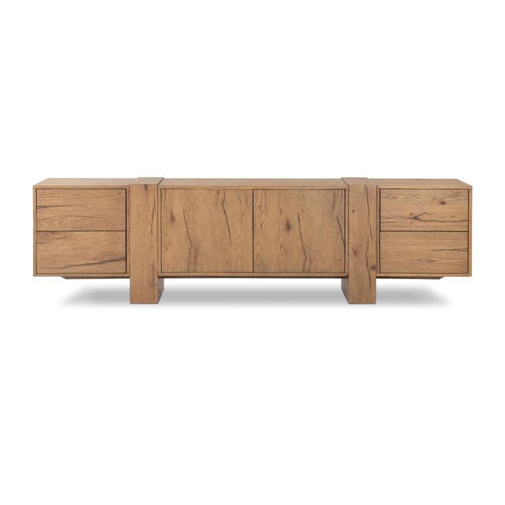 Preview image for Rustic Oak Wood Low Media Console Storage Cabinet 94 inch