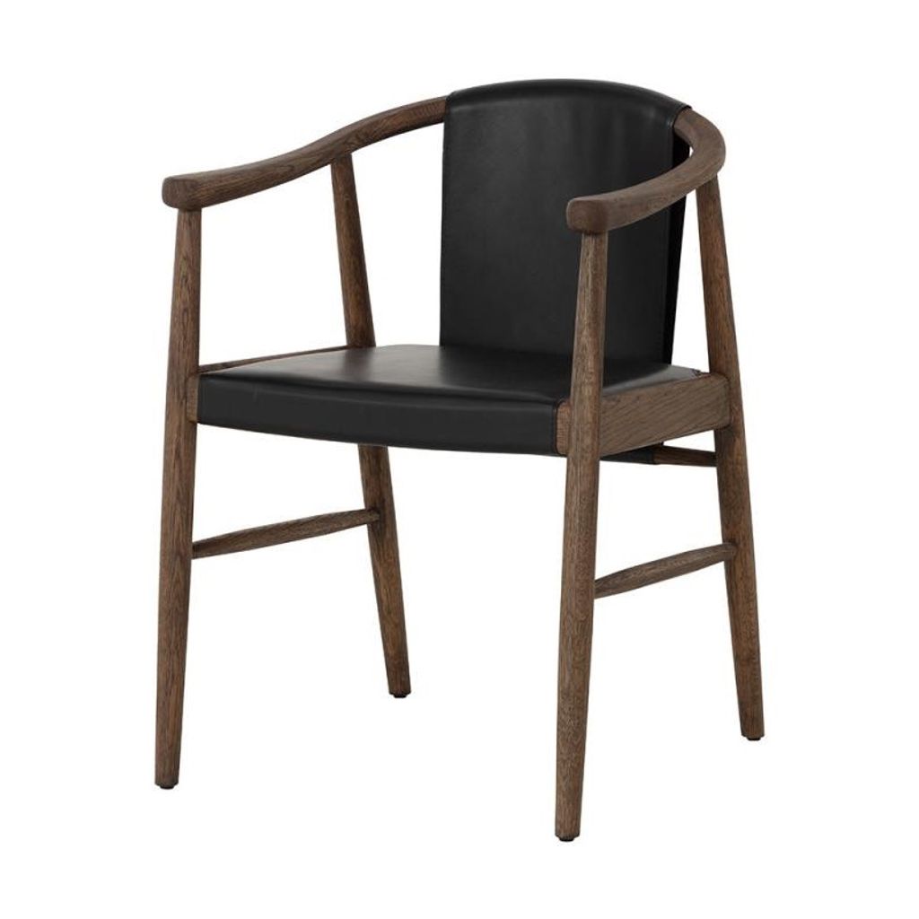 Preview image for Midcentury Style Black Leather Dining Chair Wishbone Armchair Solid Oak Wood Frame