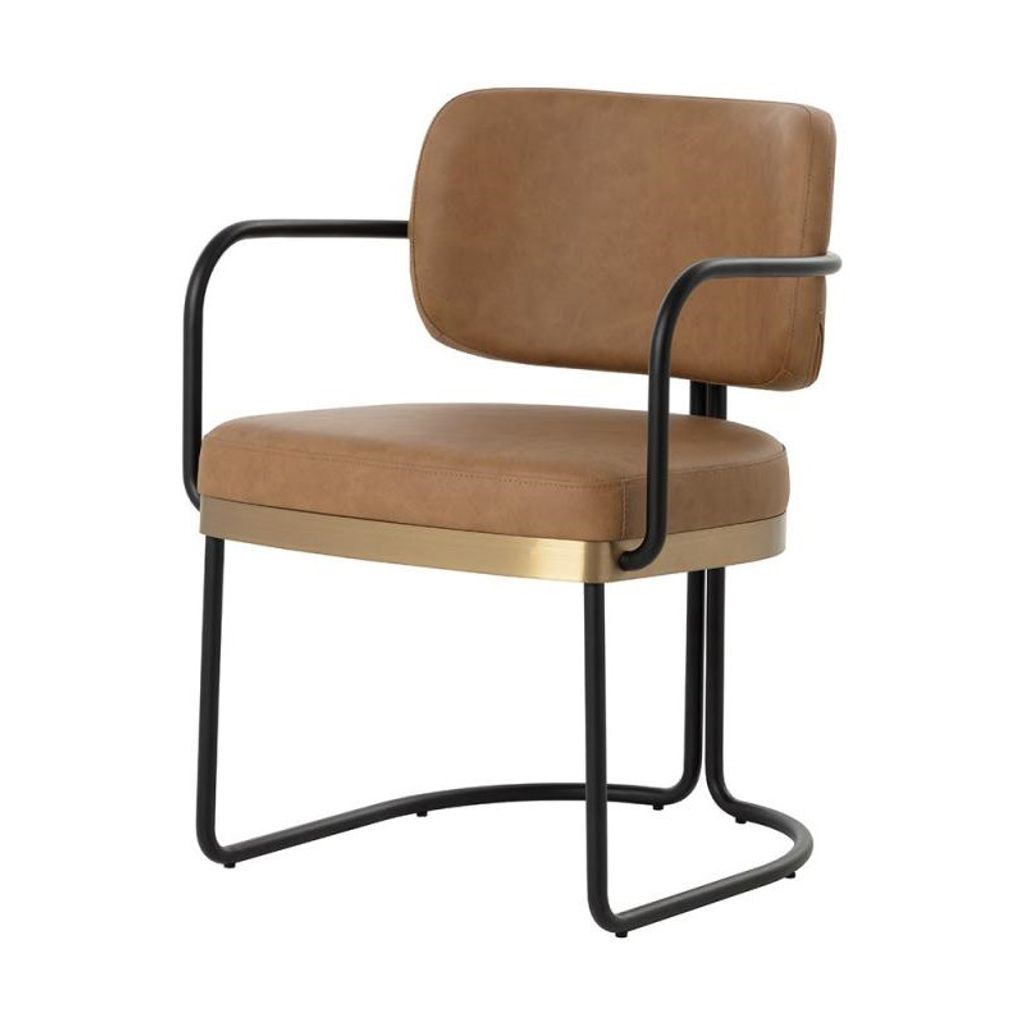Preview image for Cognac Brown Faux Leather & Black Iron Frame Dining Chair Armchair Gold Accents