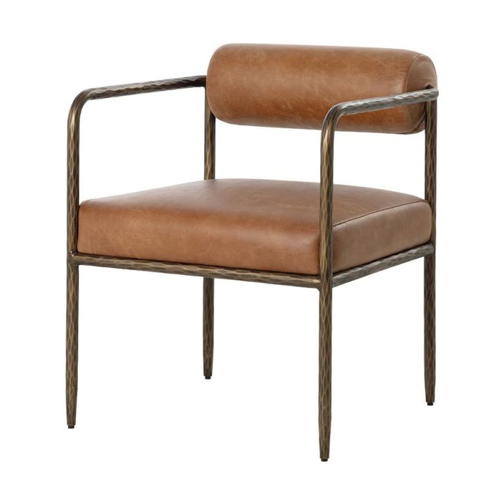 Preview image for Tan Leather Forged Metal Bolster Back Dining Chair Armchair