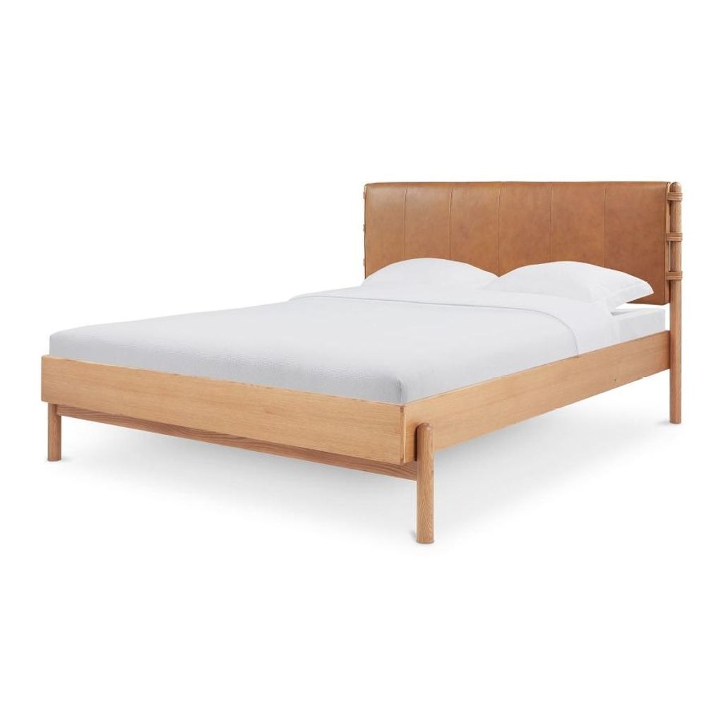 Preview image for Brown Leather Upholstered & Oak Wood Queen Bed Frame
