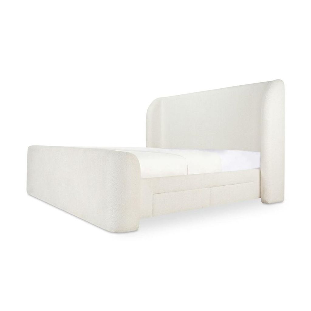 Fully Upholstered Cream Wingback King Bed Frame with Storage Drawers