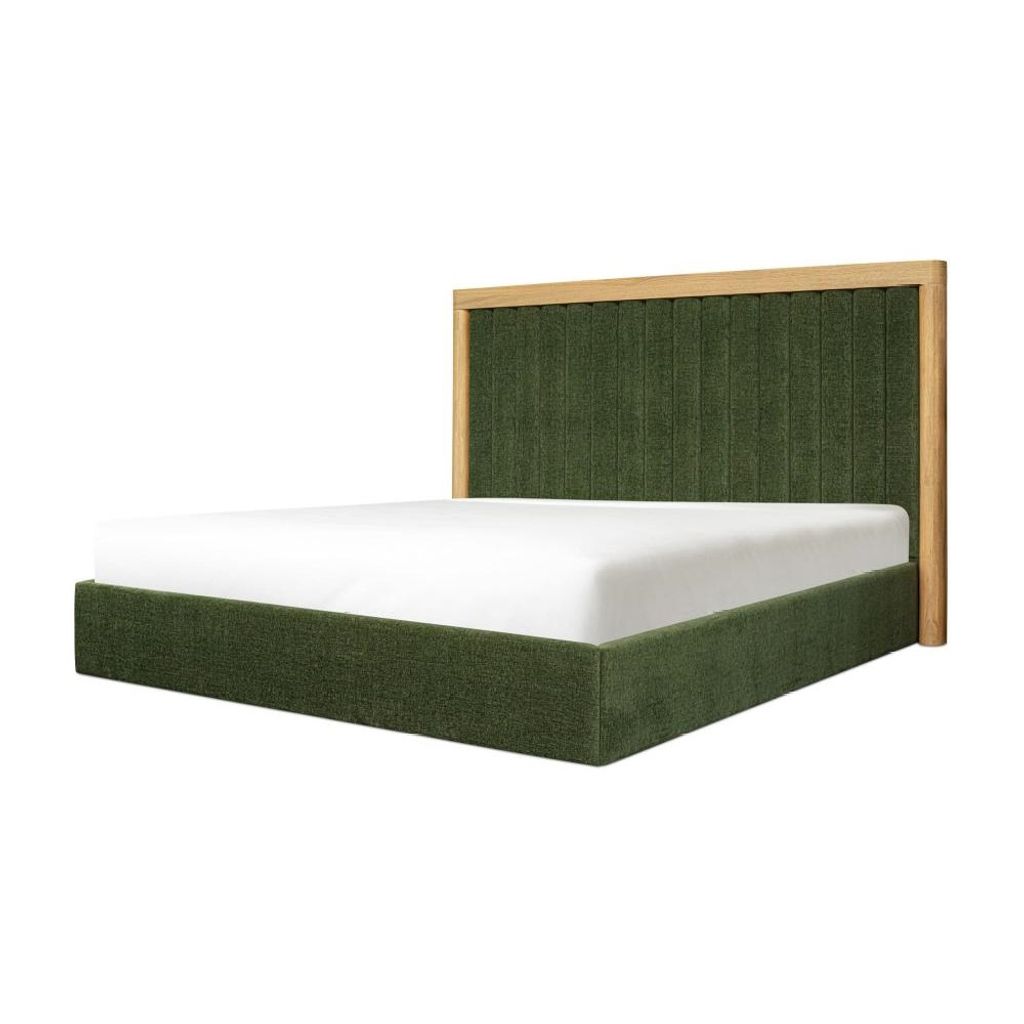 Preview image for Channel Tufted Forest Green Fabric Upholstered King Bed Oak Wood Frame