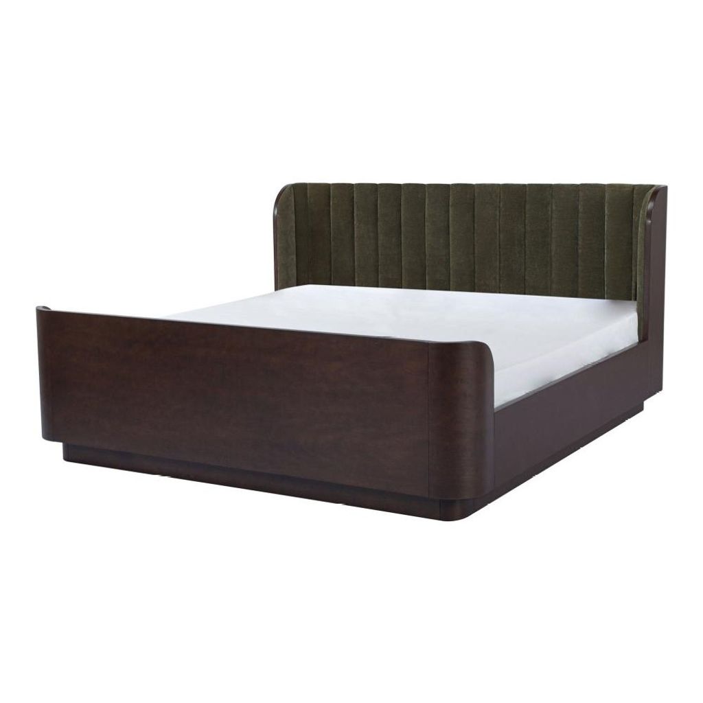 Channel Tufted Green Fabric Upholstered Curved Wingback Sleigh Queen Bed Frame Birch Wood