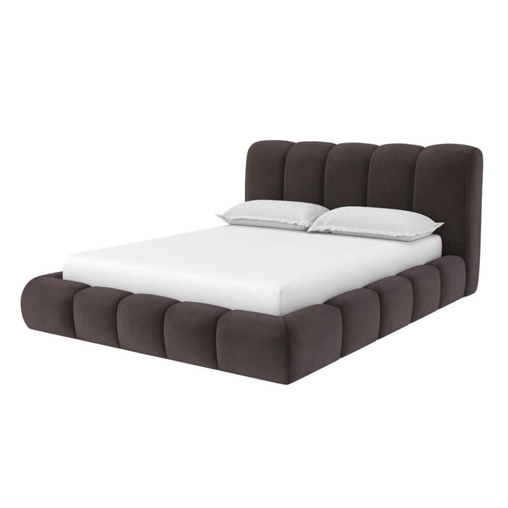 Preview image for Channel Tufted Dark Ash Gray Velvet Fabric Fully Upholstered Queen Bed Frame