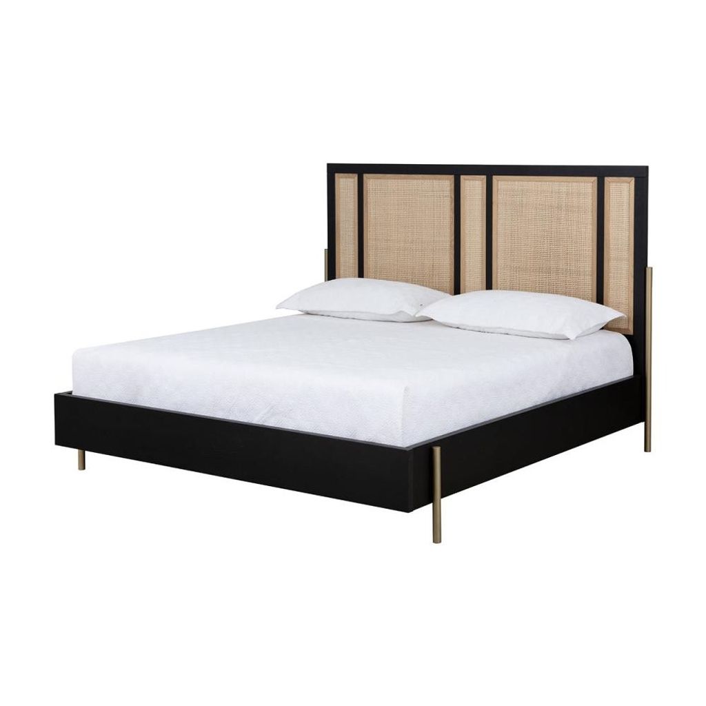 Preview image for Natural Rattan & Black Oak Wood King Bed Frame Gold Metal Legs