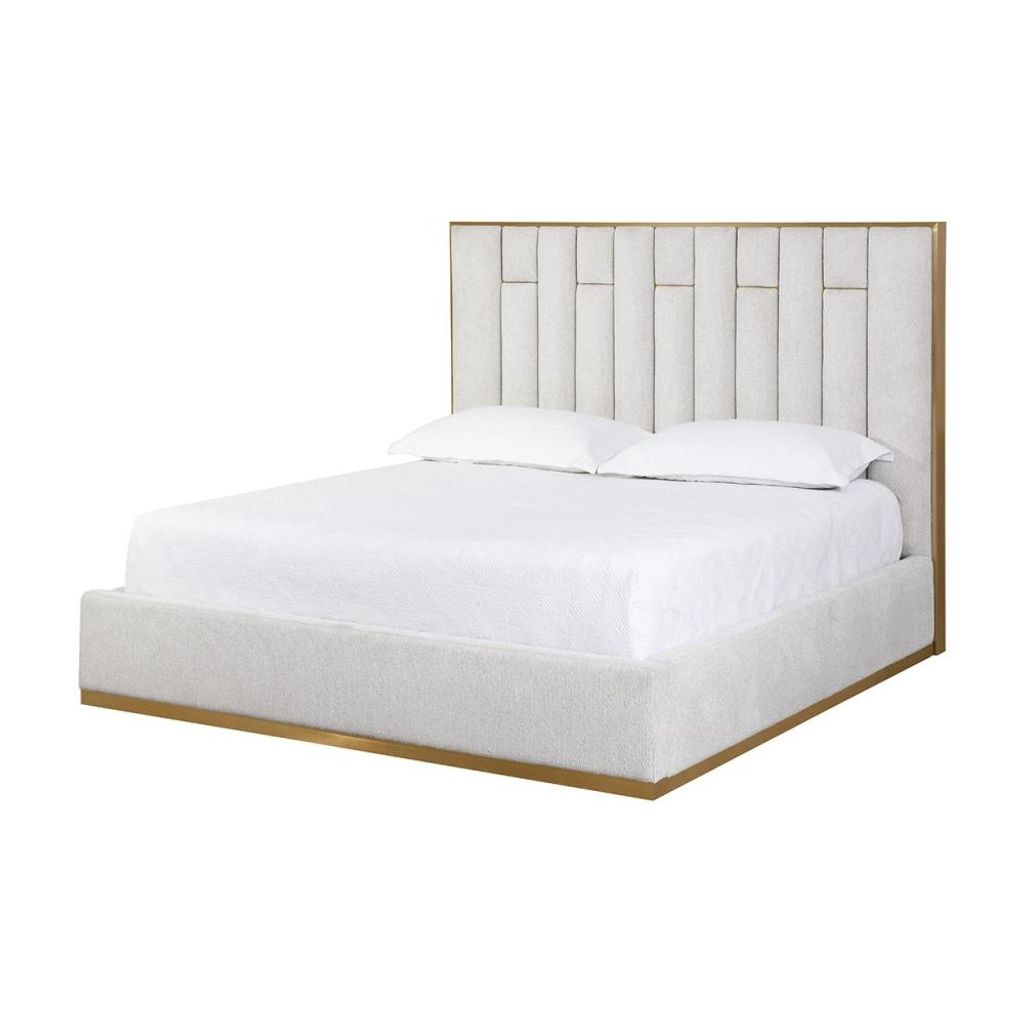 Preview image for Channel Tufted Upholstered Light Beige Performance Fabric & Gold Metal Accents King Bed Frame