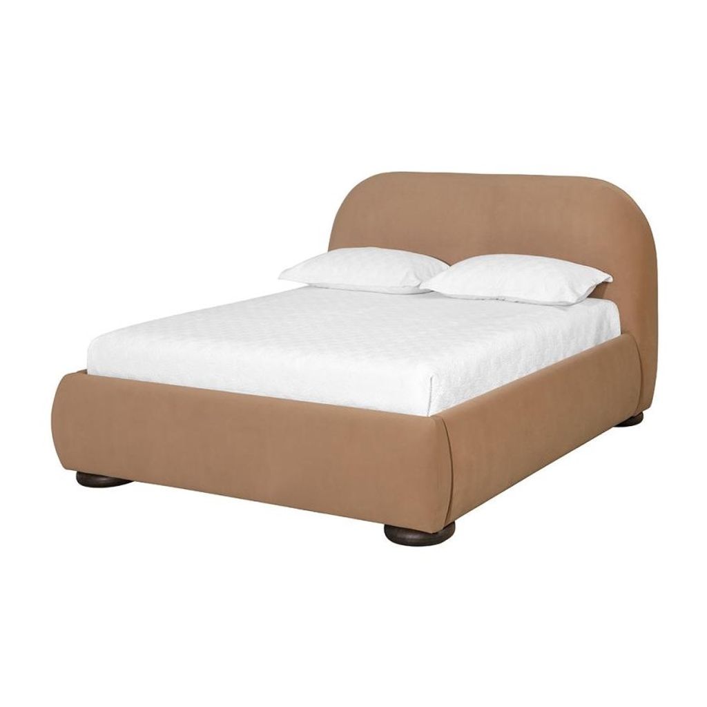Preview image for Curved Camel Brown Velvet Fabric Fully Upholstered Queen Bed Frame