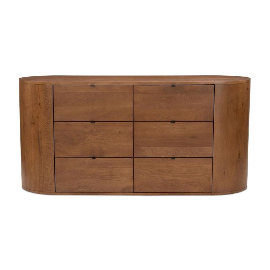 Preview image for Rounded 6 Drawer Double Dresser Brown Solid Oak Wood 66 inch