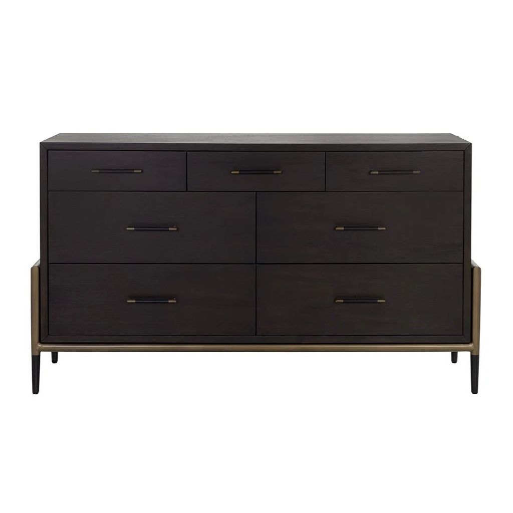 Preview image for Dark Brown Acacia Wood & Antique Brass Base 7 Drawer Dresser 84 inch