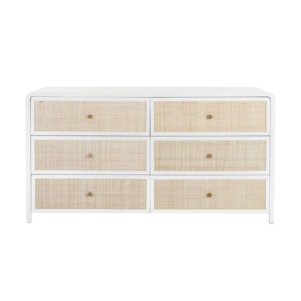 Preview image for Coastal Beach Antique White Wood & Natural Rattan 6 Drawer Curved Double Dresser 63 inch