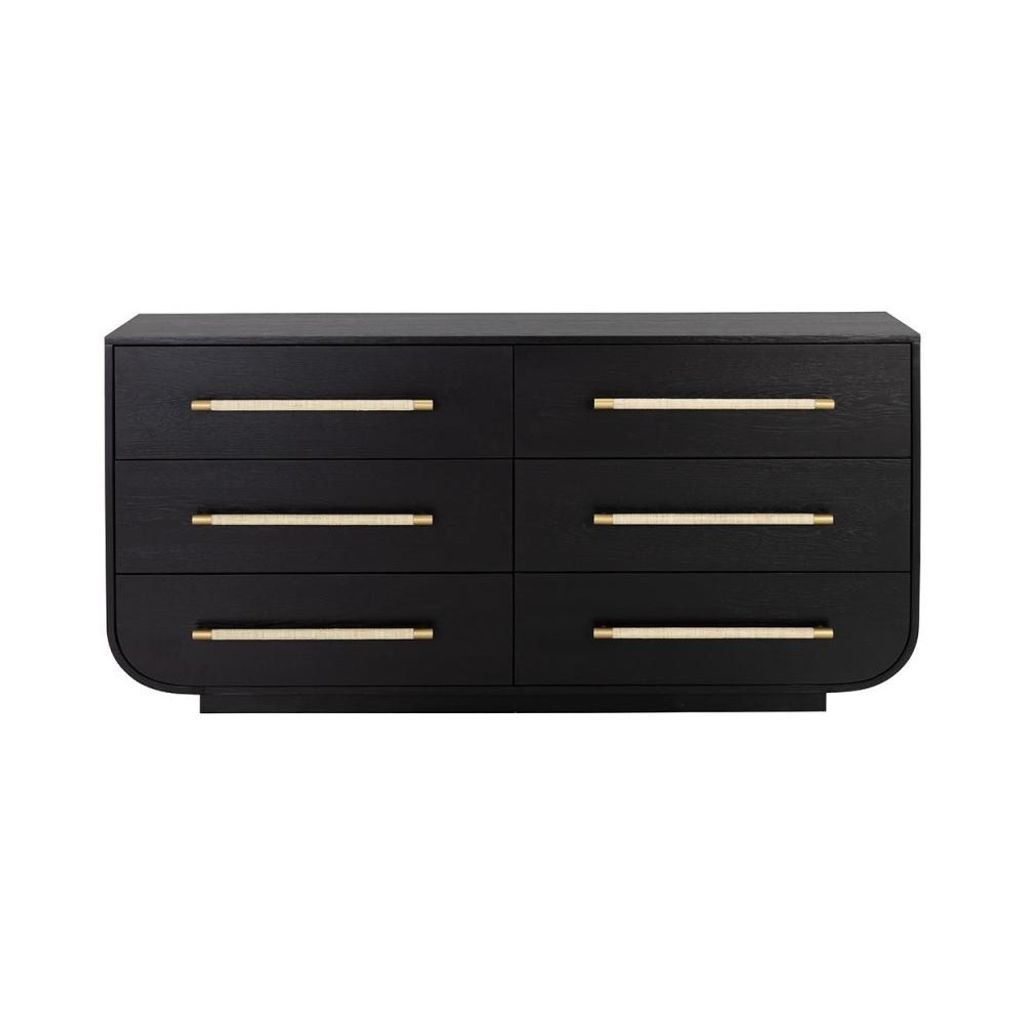 Preview image for Black Oak Curved 6 Drawer Double Dresser with Raffia Handles 68 inch
