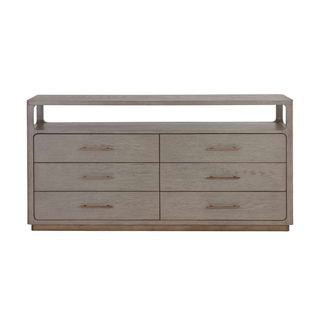 Preview image for Greige Grey Oak Solid Wood 6 Drawer Double Dresser with Brass Plinth Base 74 inch