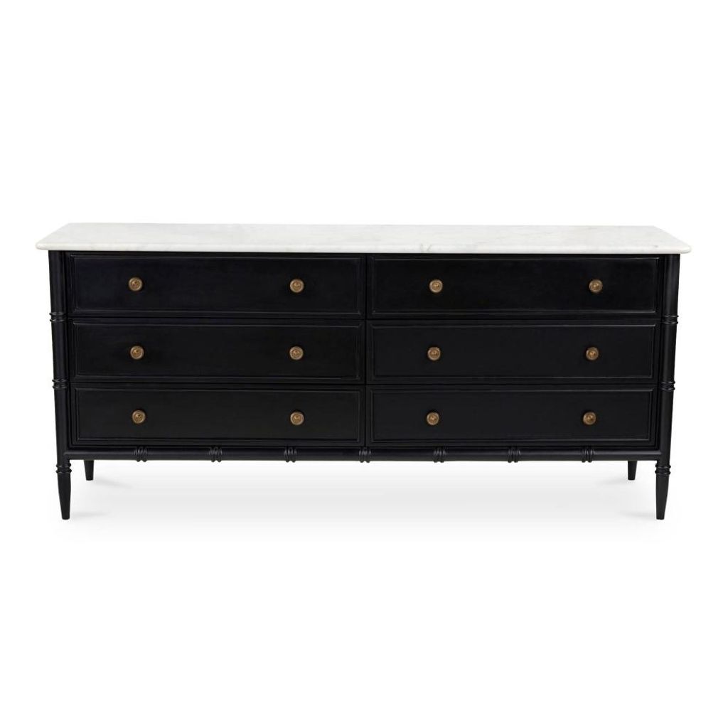 Preview image for Banswara White Marble Top Black Mango Wood 6 Drawer Double Dresser 75 inch