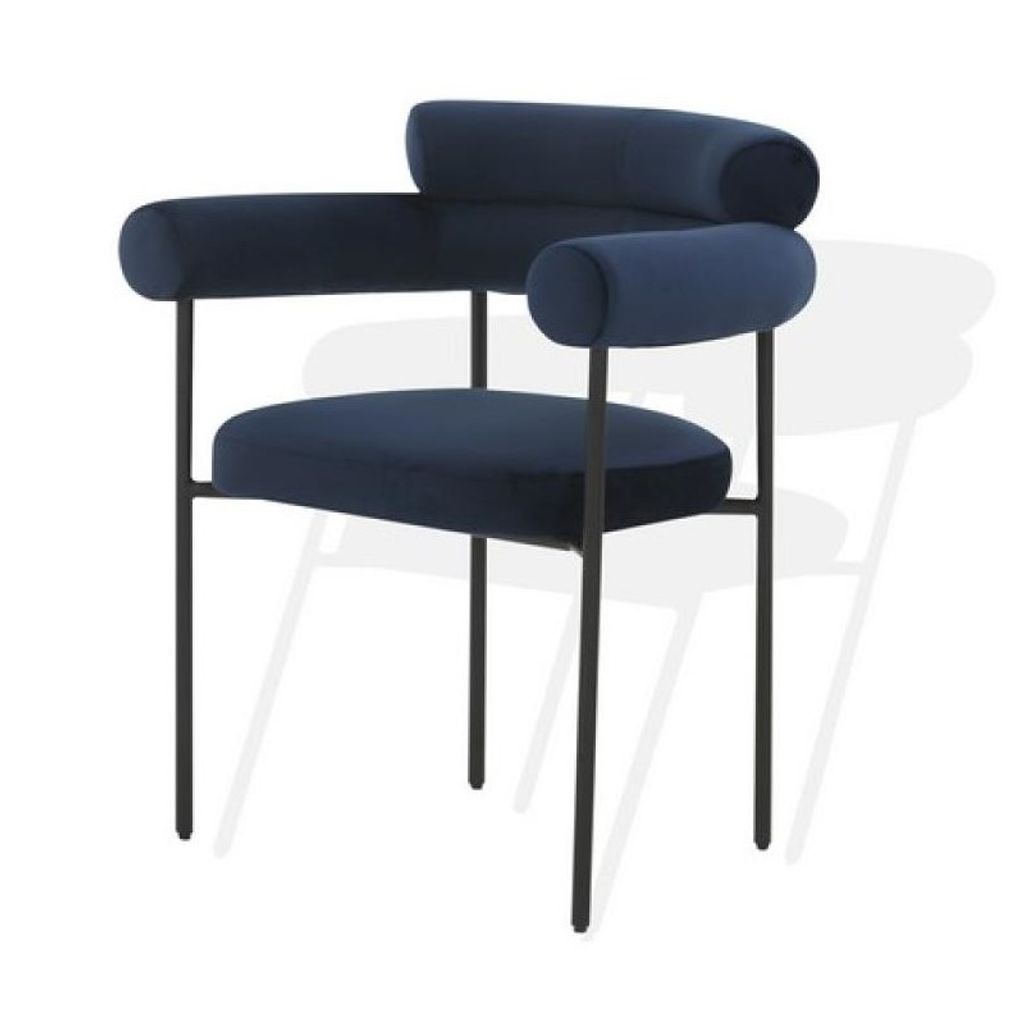 Preview image for Navy Blue Velvet Curved Bolster Back Dining Chair Armchair Black Metal Frame