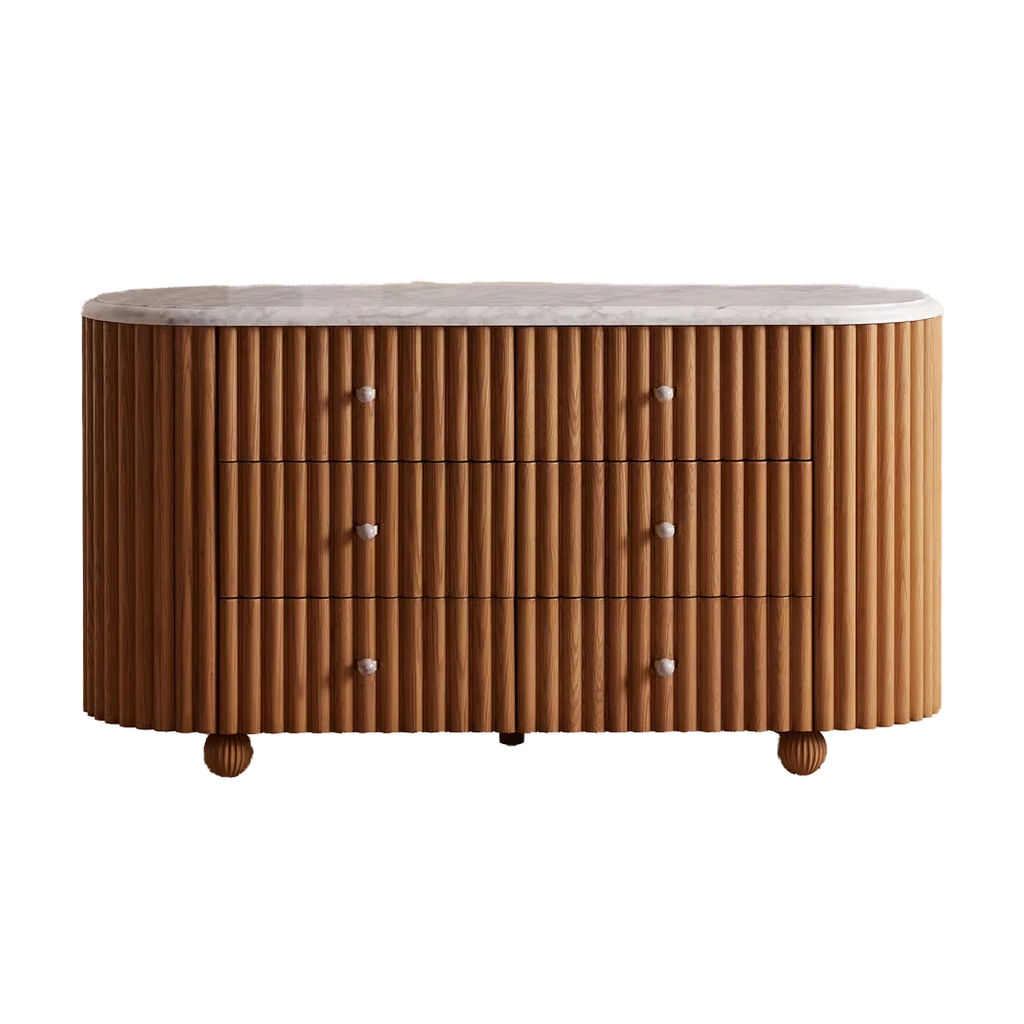 Preview image for Carrara Marble Reeded Oak Wood 6 Drawer Rounded Double Dresser 59 inch