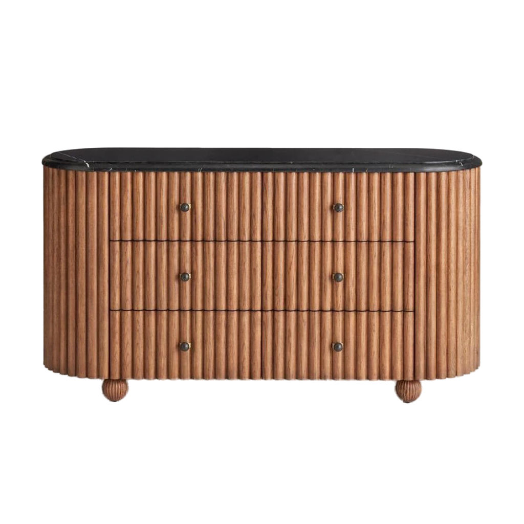 Preview image for Black Marble Reeded Solid Oak Wood 6 Drawer Rounded Double Dresser 59 inch