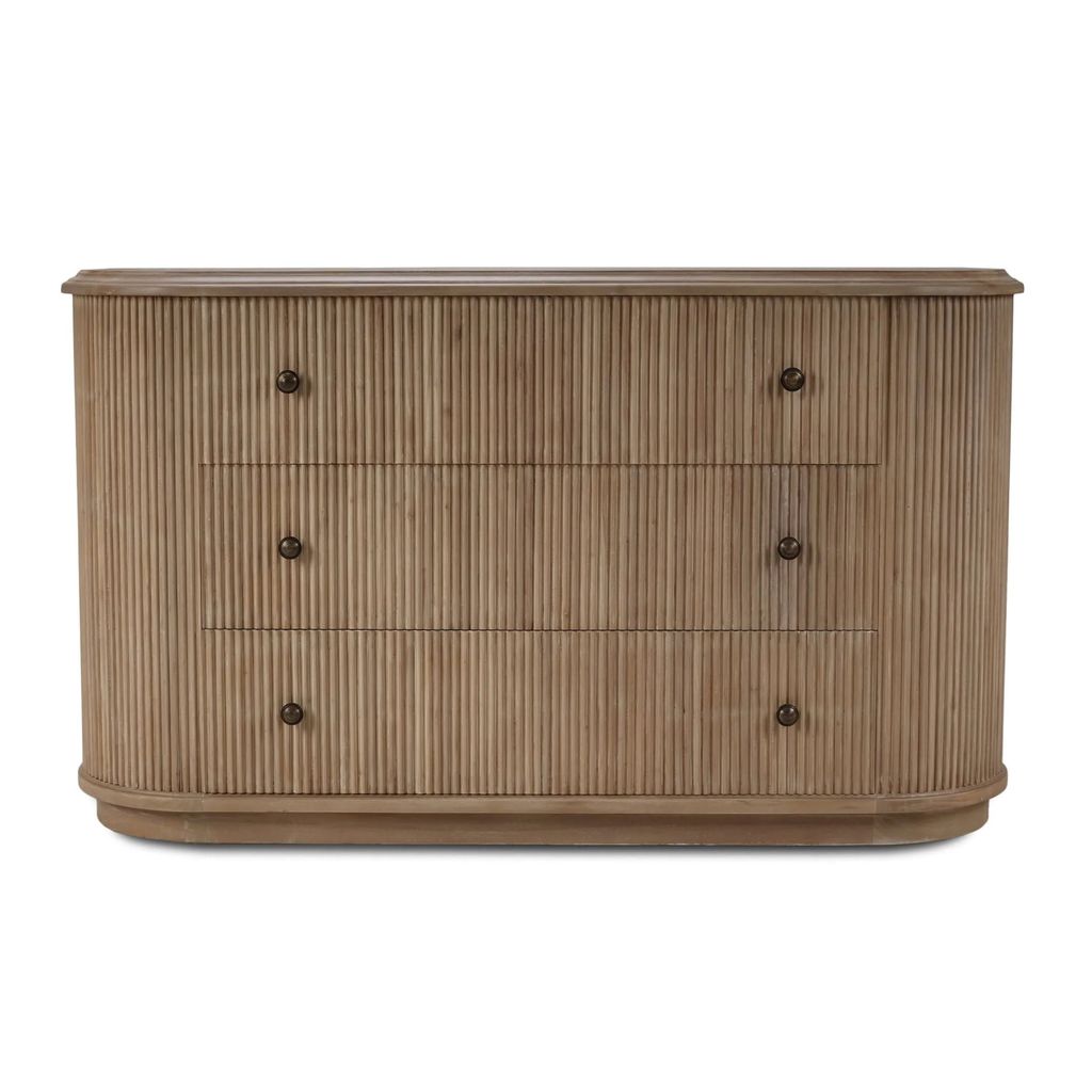Preview image for Coastal Beach Sand Brown Reeded 3 Drawer Solid Wood Oval Dresser 64 inch