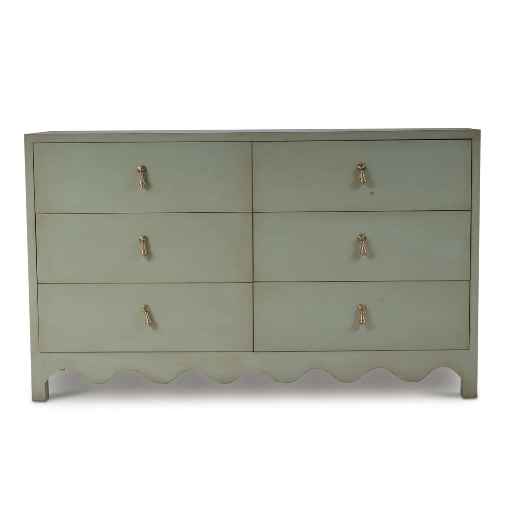 Preview image for Lightly Distressed Fennel Green 6 Drawer Solid Wood Double Dresser Scalloped Base 60 inch