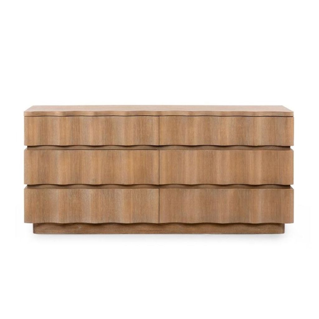 Preview image for Coastal Beach Wavy 6 Drawer Oak Wood Double Dresser 69 inch