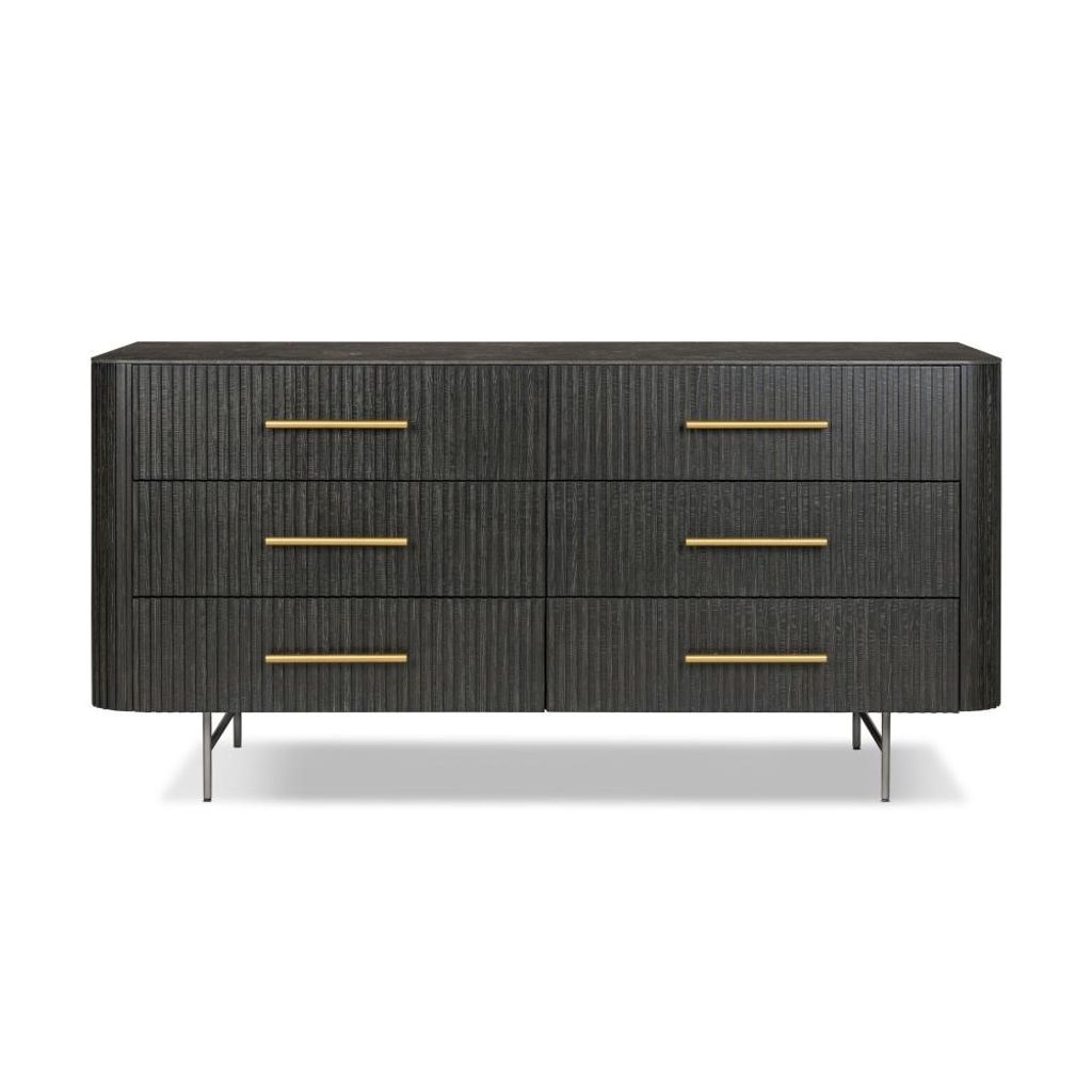 Preview image for Bluestone Top 6 Drawer Reeded Distressed Black Solid Oak Wood Double Dresser 65 inch