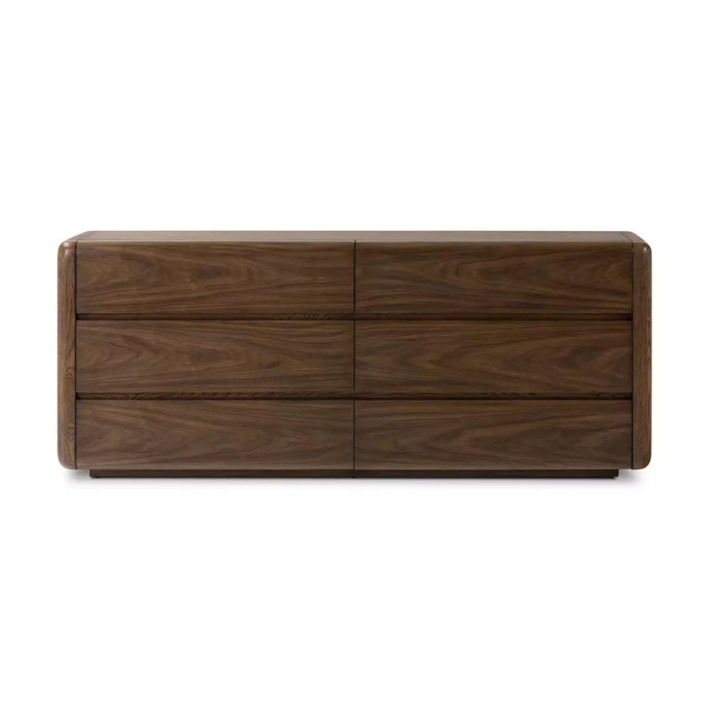 Preview image for Rounded Dark Brown Walnut Veneer & Solid Oak Wood 6 Drawer Double Dresser 74 inch