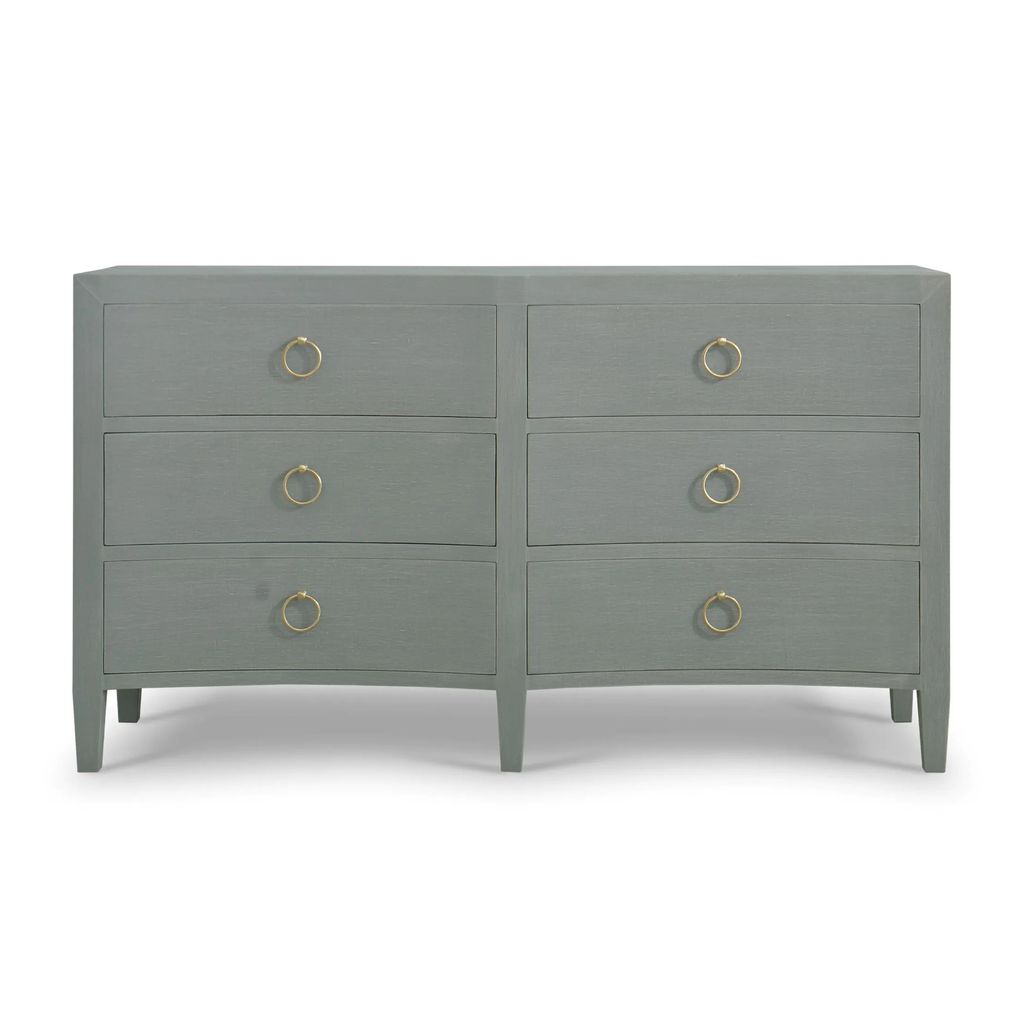 Preview image for Coastal Light Blue Linen Wrapped 6 Drawer Solid Wood Bow Double Dresser 69 inch