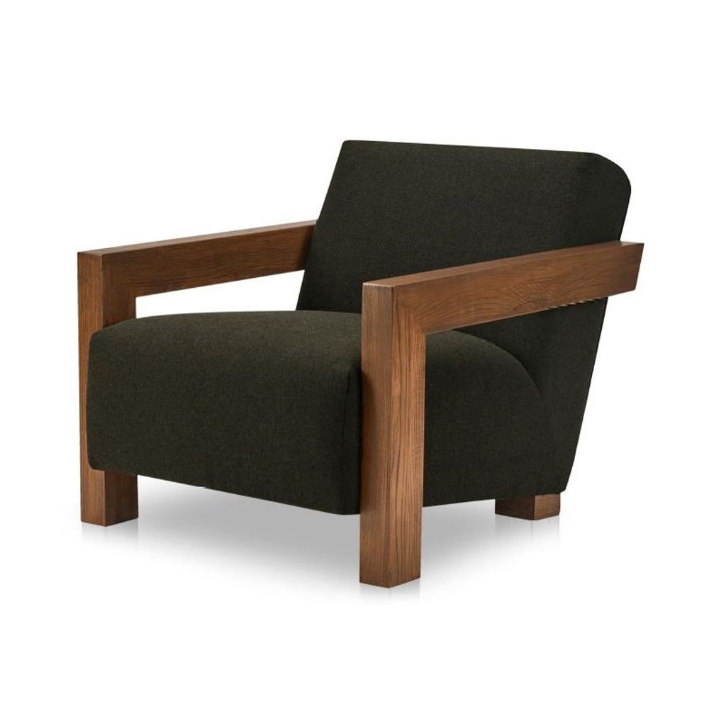 Preview image for Olive Green Wool Blend Fabric & Solid Oak Wood Frame Lounge Chair Armchair