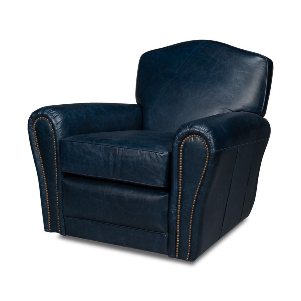 Preview image for Navy Blue Leather French Club Swivel Chair with Brass Nailheads