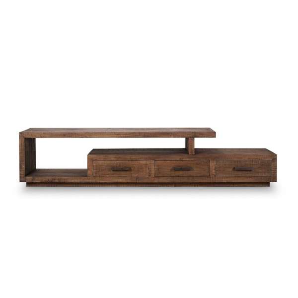 Brown Solid Teak Wood Low Profile 3 Drawer Media Console TV Stand 91 inch