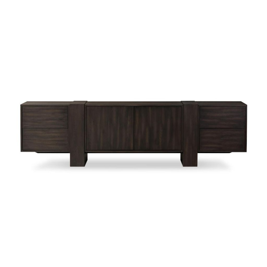 Smoked Black Oak Wood Low Media Console Storage Cabinet 94 inch