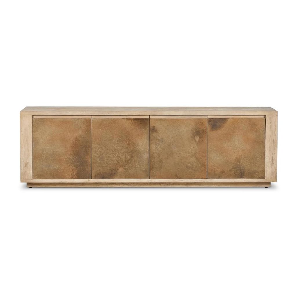 Oxidized Metal & Bleached Alder Wood Media Console Storage Cabinet 92 inch