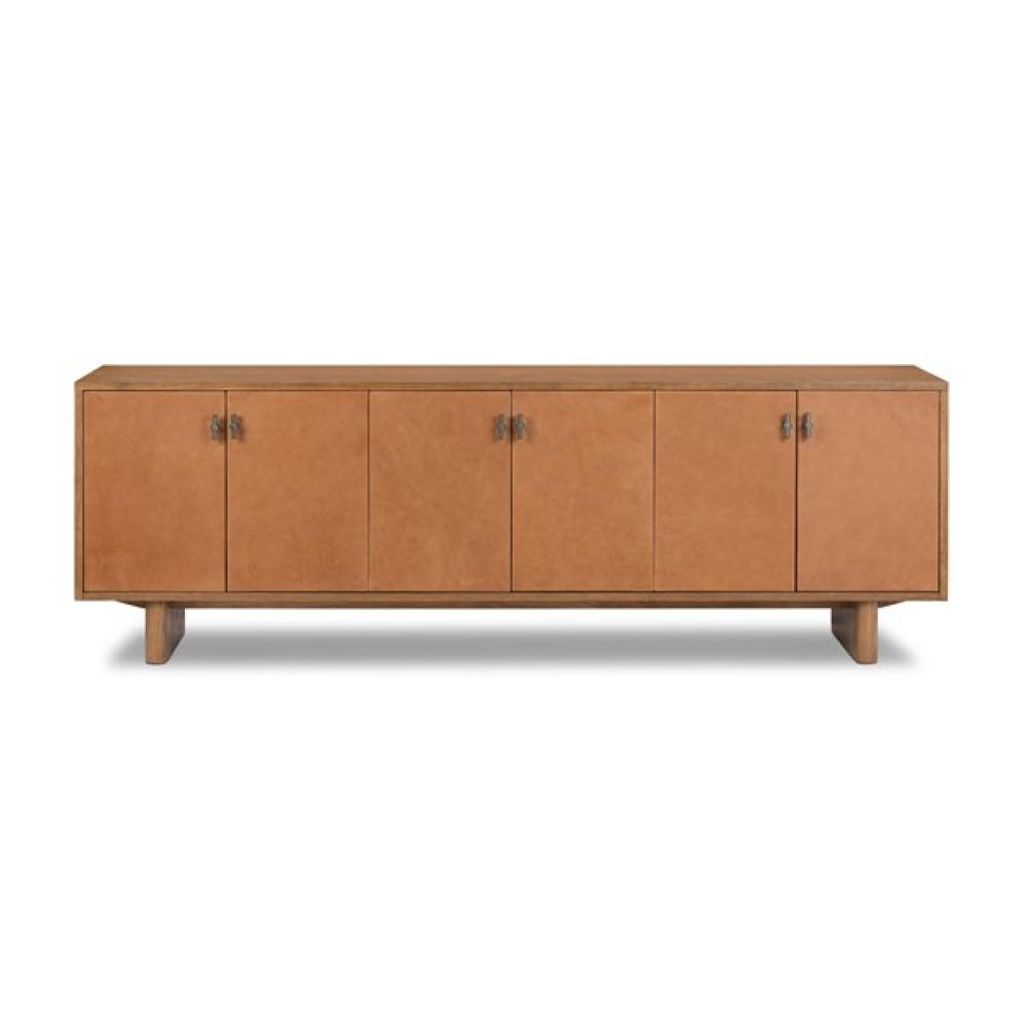 Cognac Brown Leather Wrapped Oak Wood Media Console Storage Cabinet 78 inch